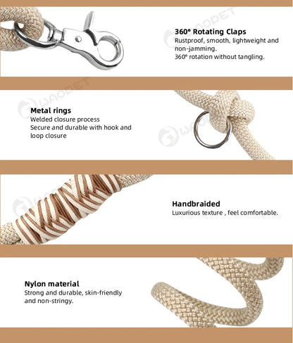 hands free dog leash with 360° rotating clasp, metal rings, braided nylon, and secure quick-release design for medium and large dogs