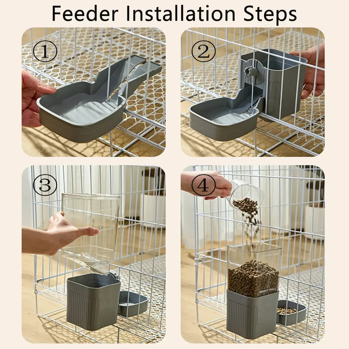 hanging pet feeder and waterer installation steps for cage-mounted pet bowl, easy setup for cats, puppies, and rabbits