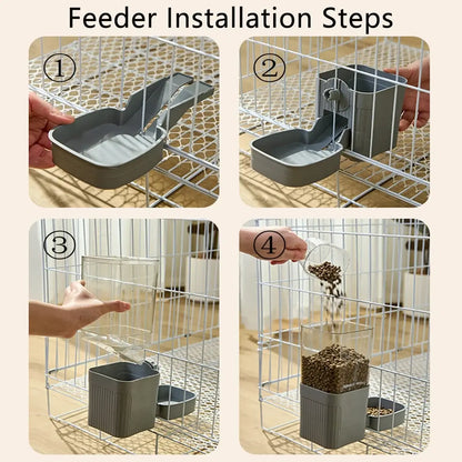 hanging pet feeder and waterer installation steps for cage-mounted pet bowl, easy setup for cats, puppies, and rabbits