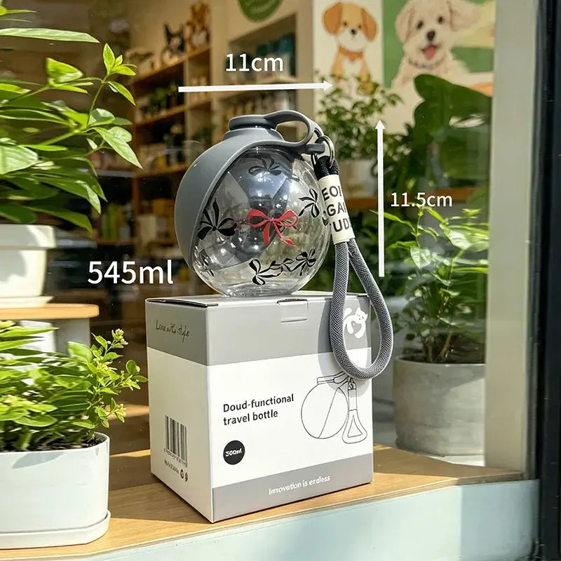 portable dog water bottle with lanyard, leak-proof spherical pet drinking fountain, 545ml outdoor travel dispenser
