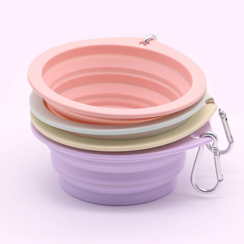 Collapsible pet food water bowl in macaron colors, portable folding design with carabiner for travel.