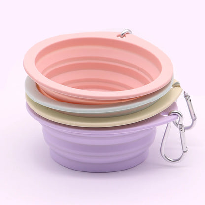 Collapsible pet food water bowl in macaron colors, portable folding design with carabiner for travel.