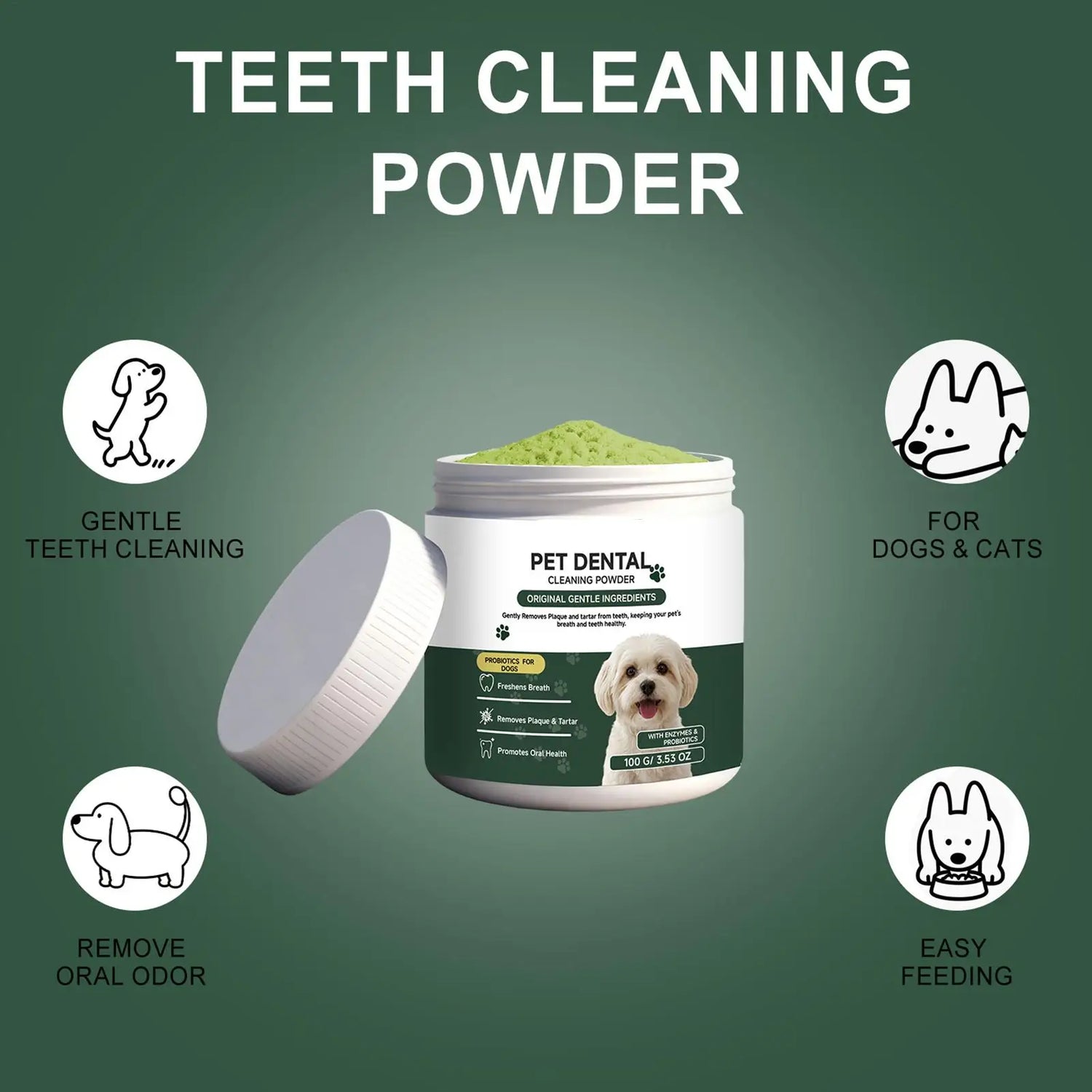 dog teeth cleaning powder for dogs and cats, gentle teeth cleaning, removes oral odor, easy feeding