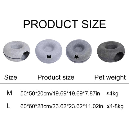 Product size chart for round cat tunnel bed showing M and L dimensions, pet weight limits, and gray cat bed views