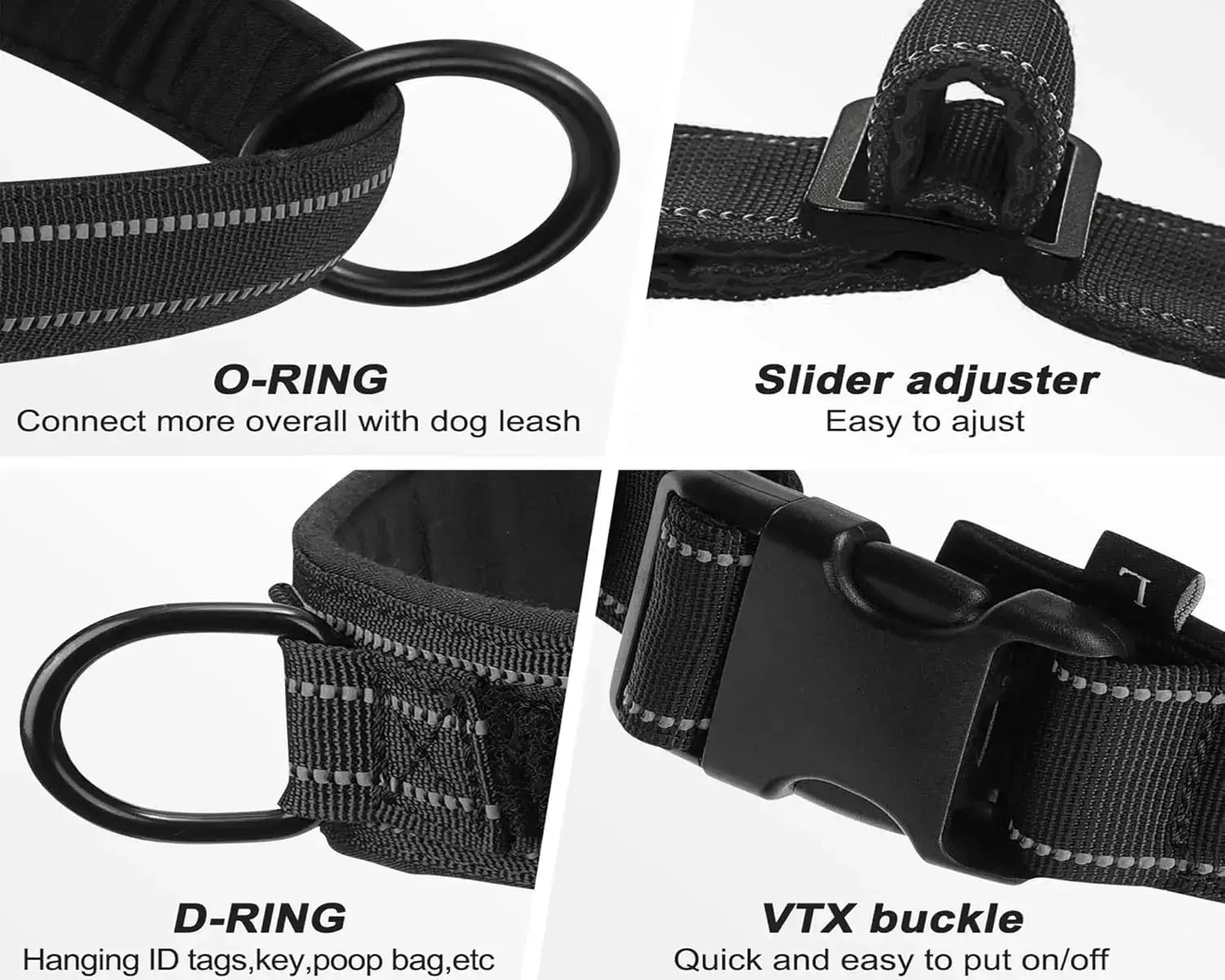no-pull dog harness for large dogs with reflective strip, adjustable slider, D-ring, O-ring, and VTX buckle for control