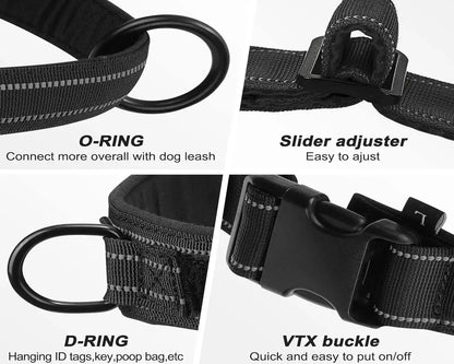 no-pull dog harness for large dogs with reflective strip, adjustable slider, D-ring, O-ring, and VTX buckle for control