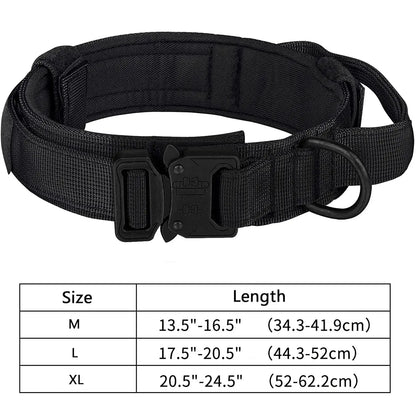 Black tactical dog leash collar with quick release buckle, padded nylon design, and size chart for medium to large dogs