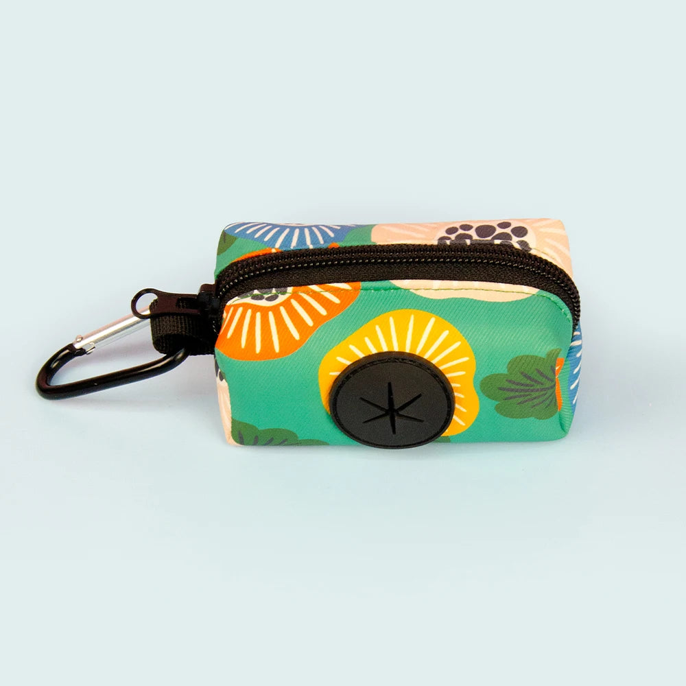 dog poop bag dispenser, L size retro round flower print, portable leather strap holder with clip