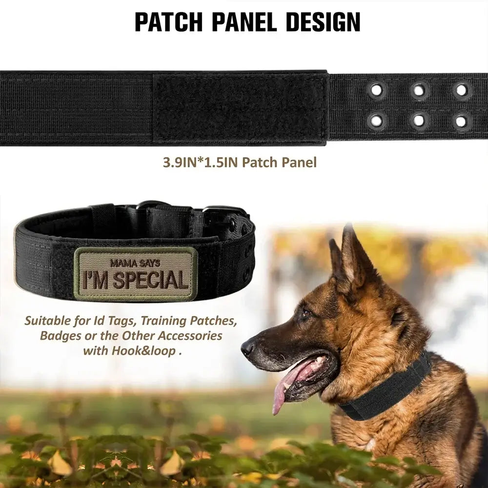 tactical dog collar with patch panel, durable nylon military collar for training, walking, and working medium to large dogs