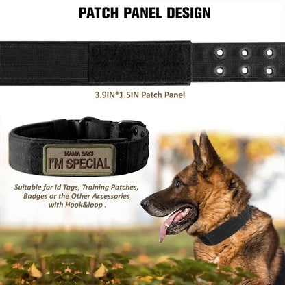 tactical dog collar with patch panel, durable nylon military collar for training, walking, and working medium to large dogs