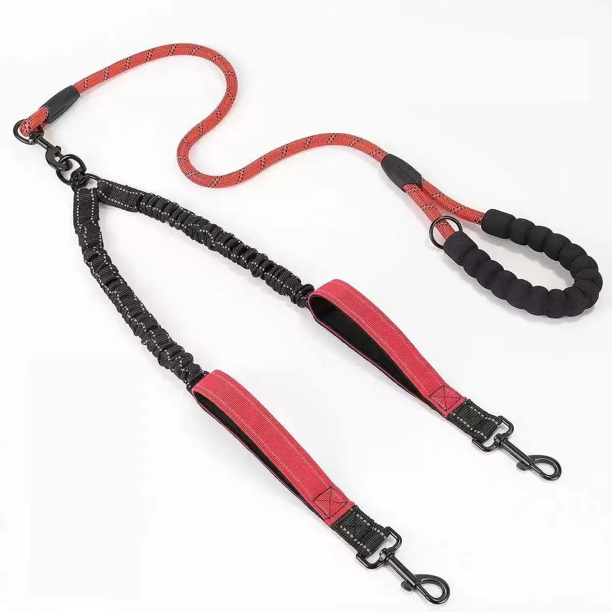 Dual dog leash with padded handle, red and black nylon, tangle-free design for two dogs