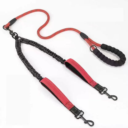 Dual dog leash with padded handle, red and black nylon, tangle-free design for two dogs