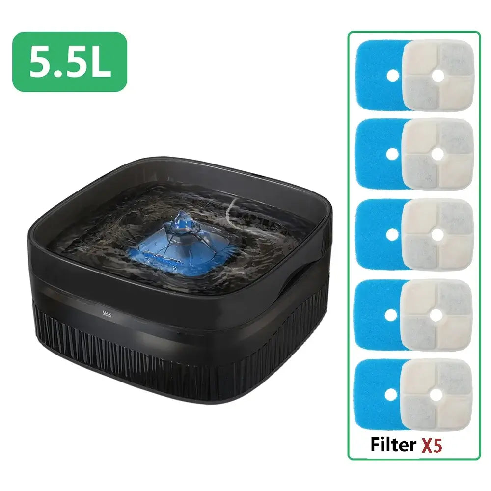 large capacity pet water fountain 5.5L black dispenser with ultra-quiet pump and 5 filters for cats and dogs