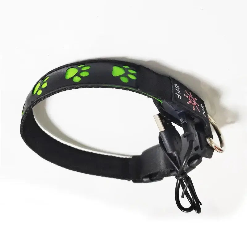 Green luminous safety dog collar with paw print nylon breakaway reflective LED light for anti-lost dog walking
