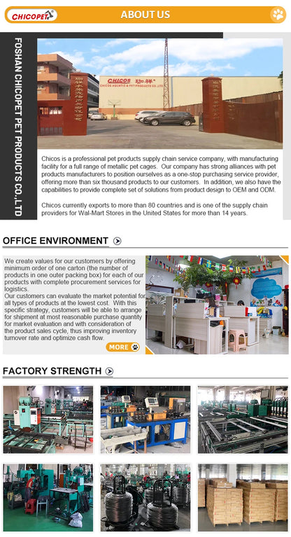 Folding Indoor Outdoor Dog Fences For Durable Metal Dog Houses For Dogs In Outdoor Back Gardens displayed at Chicopet factory.