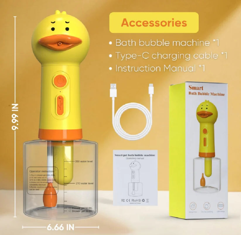Yellow dog shampoo sprayer duck-style foaming bath bubble machine with Type-C cable, manual, and clear water-shampoo scale