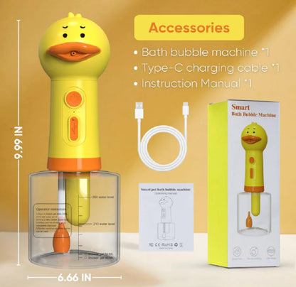 Yellow dog shampoo sprayer duck-style foaming bath bubble machine with Type-C cable, manual, and clear water-shampoo scale