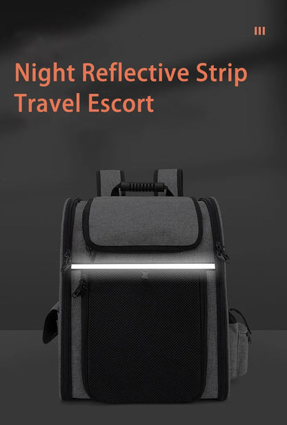 Expandable pet backpack carrier with night reflective strip, breathable foldable design for cats and dogs