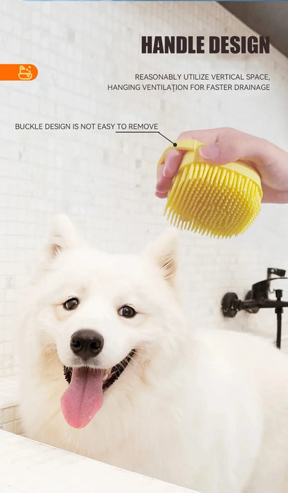 Dog bathing brush with shampoo dispenser yellow rubber bristle grooming tool for bathing dogs and cats in shower