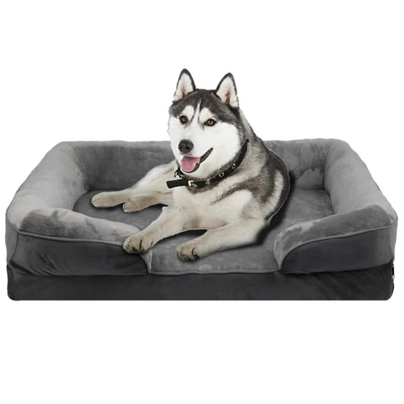 Dark gray orthopedic dog sofa bed with washable coral fleece cover and support foam for extra large dogs