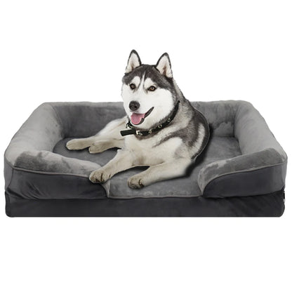 Dark gray orthopedic dog sofa bed with washable coral fleece cover and support foam for extra large dogs