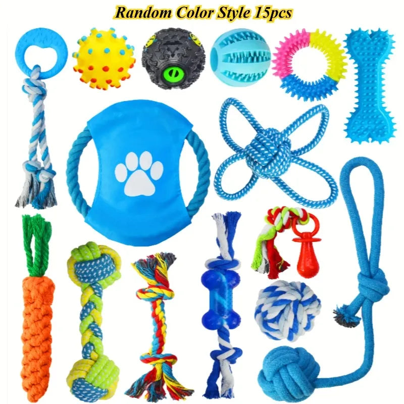 Assorted colorful dog chew toys, ropes, balls, and tug toys set, 15 pieces.