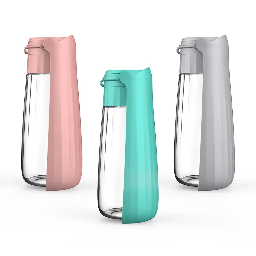 portable dog water bottle dispenser for small and large dogs, foldable travel drinking bowl, pink, green, and gray