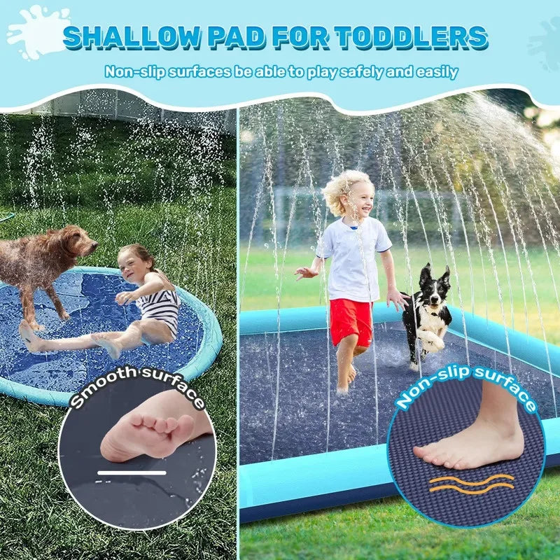 Kids and dogs playing on a shallow splash pad with non-slip surface in the backyard