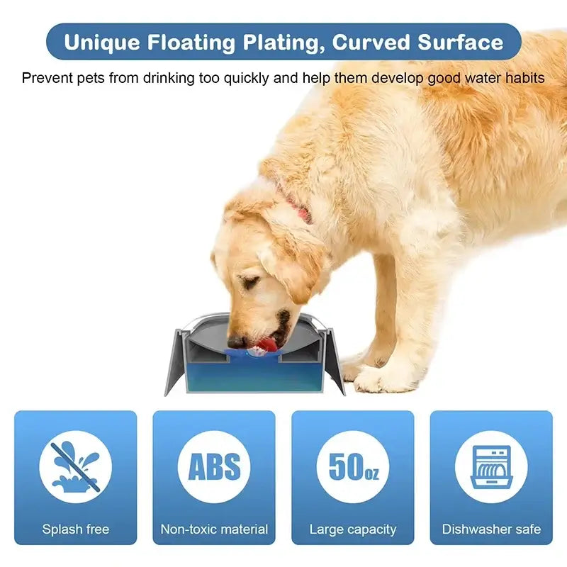 no-spill dog water bowl with floating curved surface, splash-free design, large capacity, and dishwasher-safe ABS material for dogs