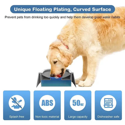 no-spill dog water bowl with floating curved surface, splash-free design, large capacity, and dishwasher-safe ABS material for dogs