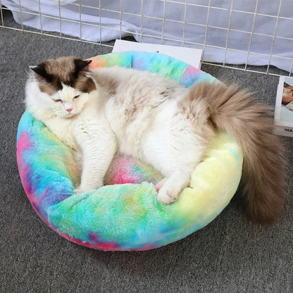 Washable plush donut cat bed for cats, soft rainbow pet bed, cozy winter sleeping cushion for comfort