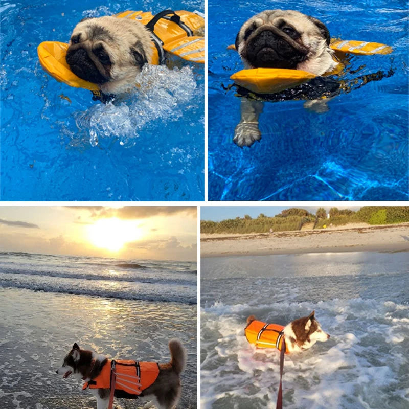 reflective adjustable dog life jacket for large dogs swimming safely with enhanced buoyancy on beach and in water