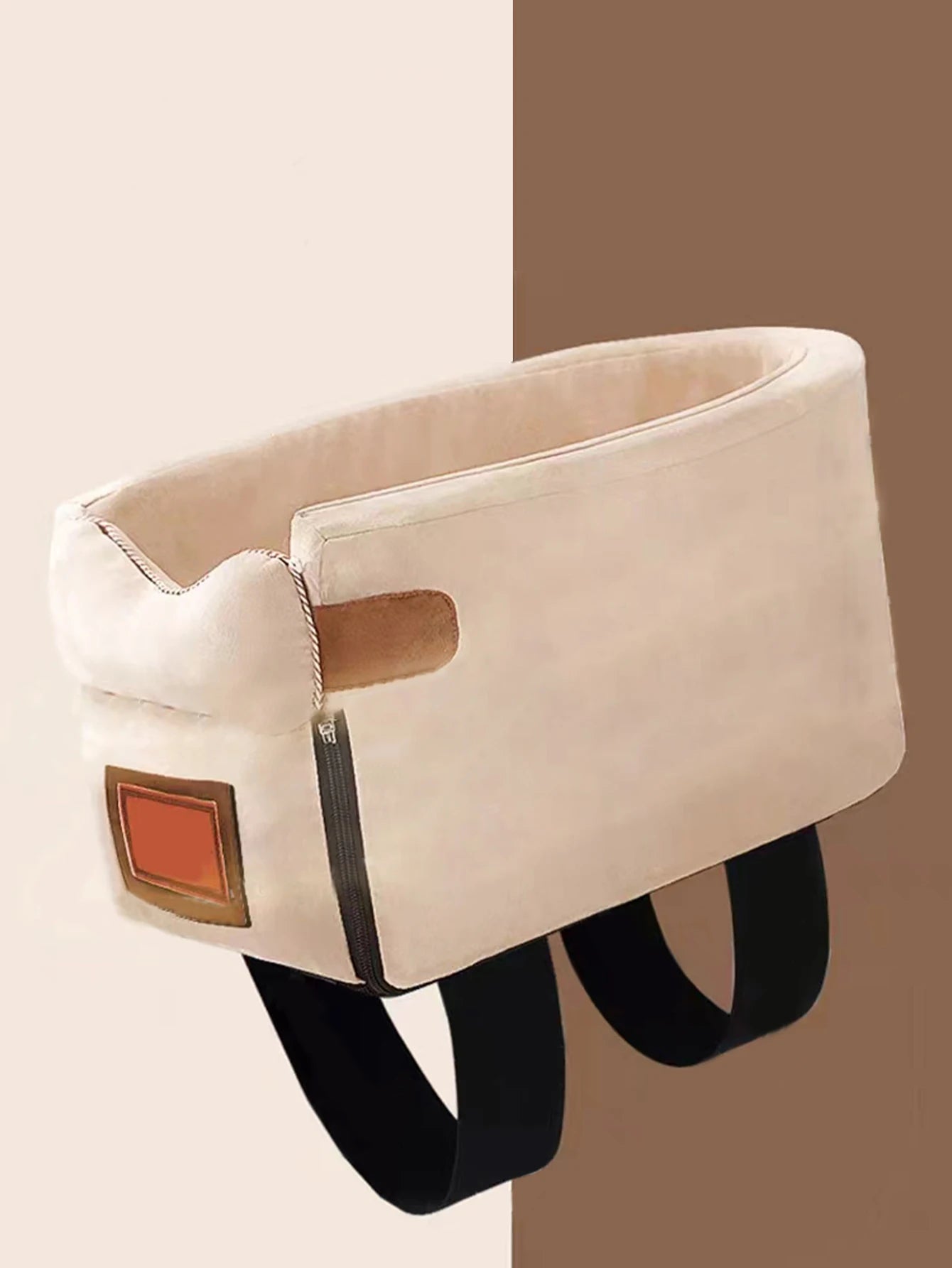 small dog car bed beige corduroy pet basket with safety straps for cozy travel comfort