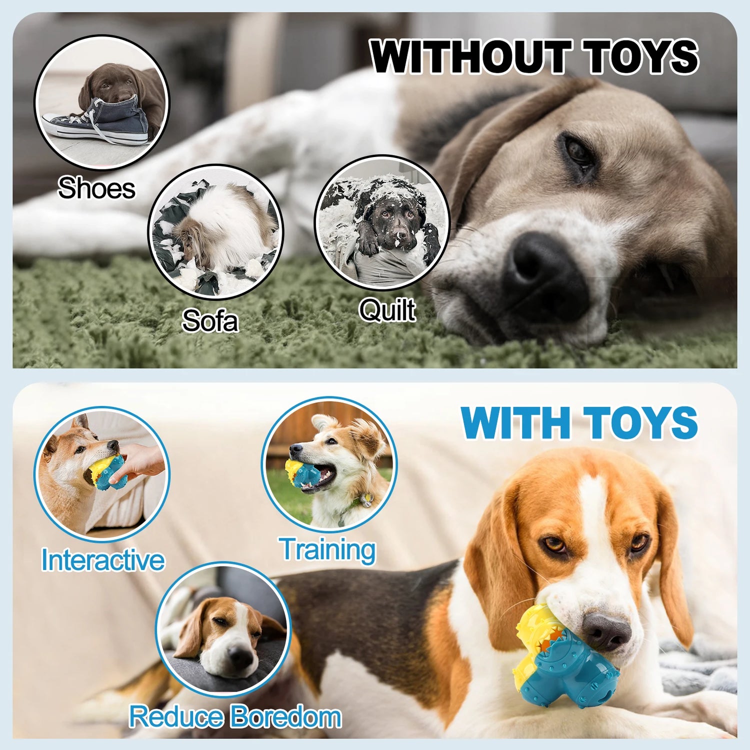 Comparison of dogs with and without toys, showing chewing damage versus happy, engaged dogs with interactive toys.