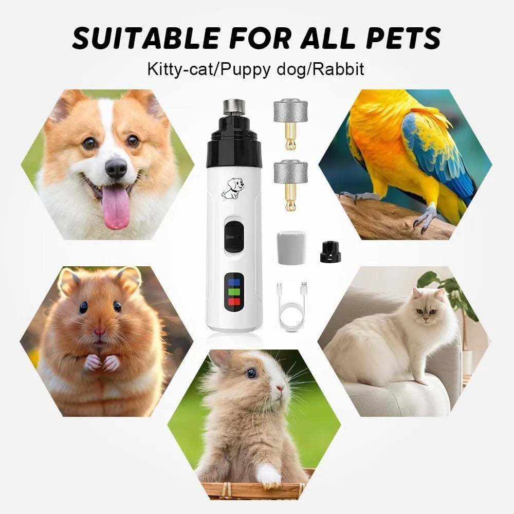 rechargeable pet nail grinder for dogs, cats, rabbits, and birds with USB charging and quiet electric grooming