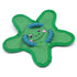 Green starfish-shaped dog toy with smiling face and blue rope accents, on white background