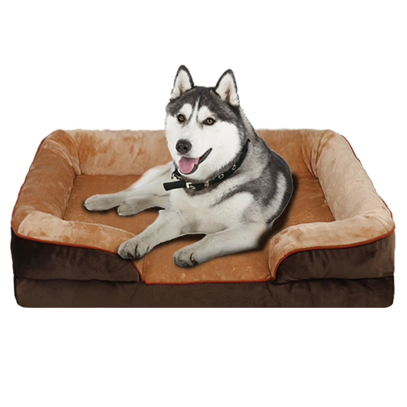 Brown orthopedic dog sofa bed with support foam, removable coral fleece cover, washable all-season pet bed for large dogs