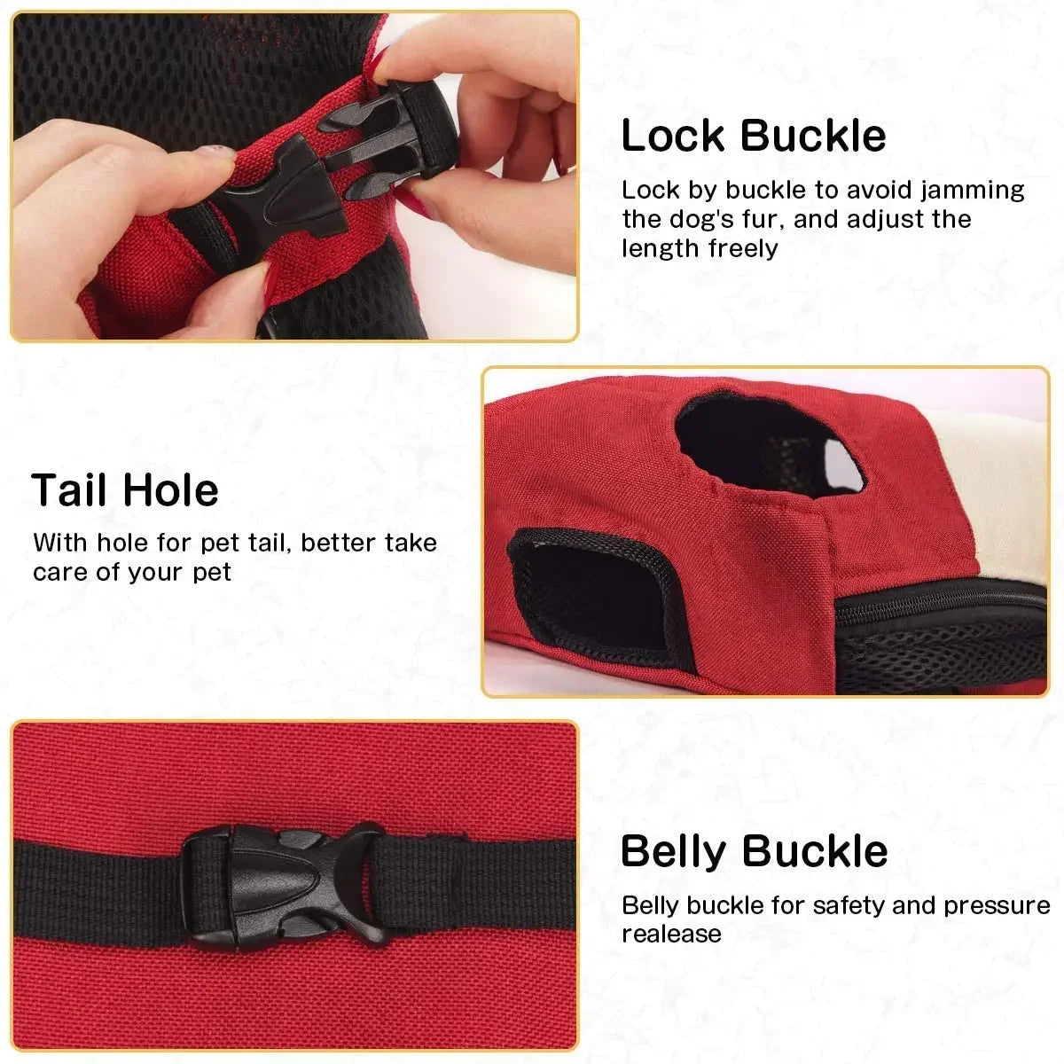 pet backpack carrier for small dogs with lock buckle, tail hole, and belly buckle for safe travel