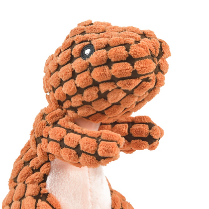 Plush dinosaur dog chew toy for small dogs, orange and brown interactive pet plush toy with textured fleece