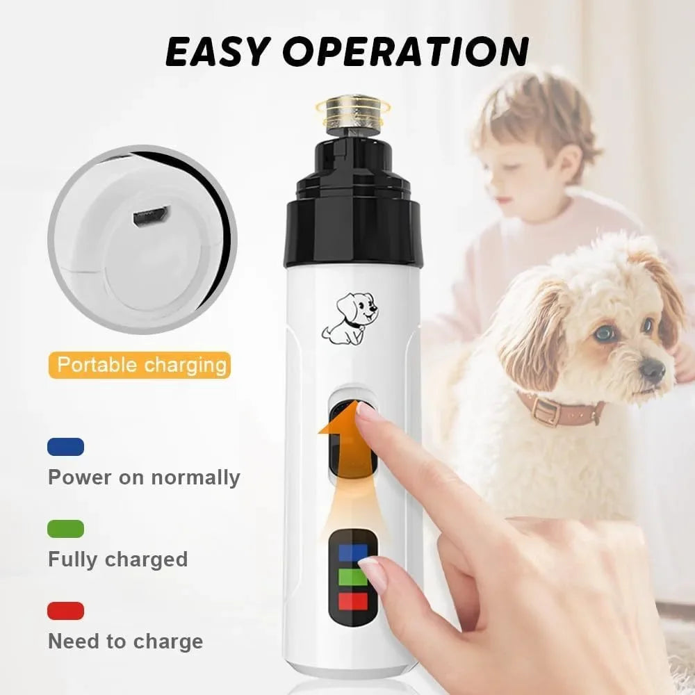 rechargeable pet nail grinder for easy dog and cat nail grooming, USB charging, quiet electric paw trimmer