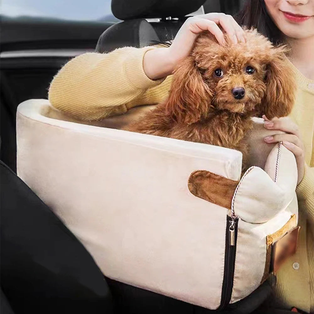 small dog car bed for pets, cozy dog basket seat with soft corduroy, breathable travel bed for car rides