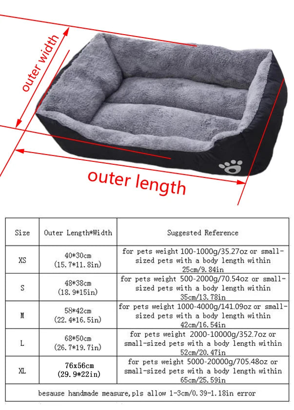 plush dog bed for large, medium and small dogs, non-slip bite-resistant pet sleeping mat with size chart