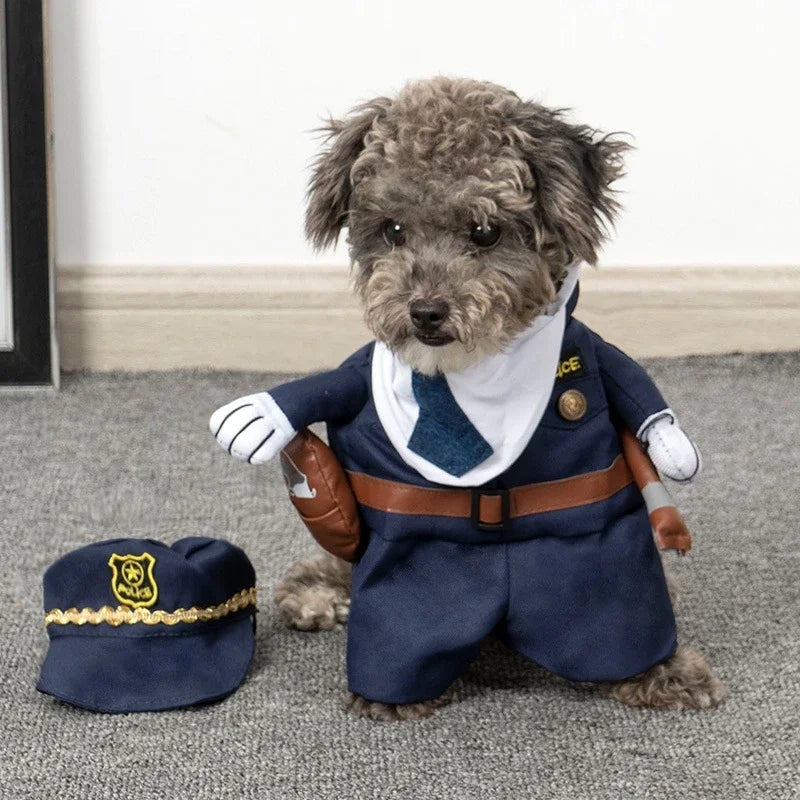 Small dog wearing police officer costume with hat on the floor, indoors on carpet