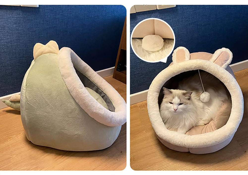 foldable washable cat bed cozy semi-closed cat cave with bunny ears and pompom for small pets