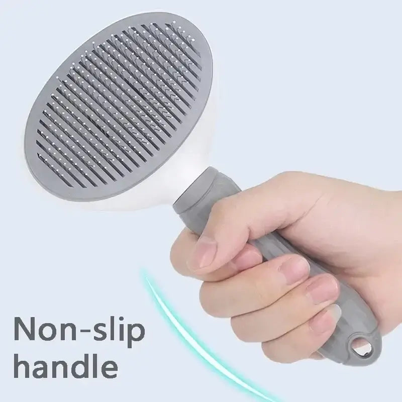 self cleaning pet grooming brush with non-slip handle for dogs and cats, removes loose hair, tangles, and dander