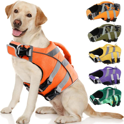 reflective dog life jacket for dogs, orange polyester buoyancy vest with reflective straps for swimming safety