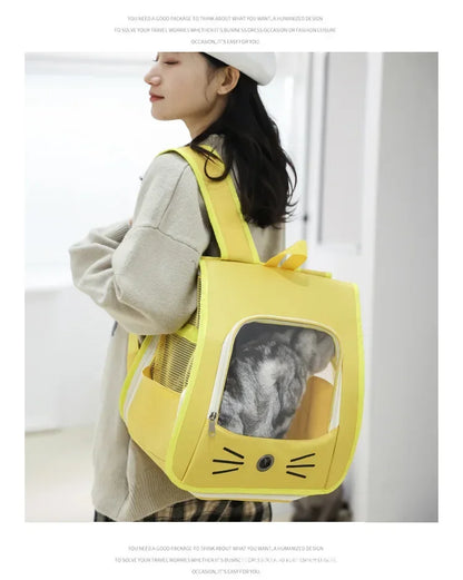 Yellow breathable pet carrier backpack for cats and small dogs, portable shoulder carrier with zipper window