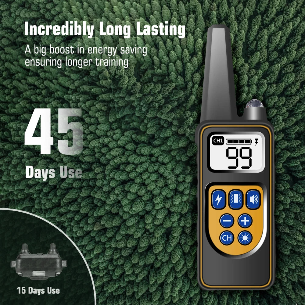 Dog Training Collar with Remote, IP67 Waterproof Dog Shock Collars, 3 Dogs, Large, Medium, Small Dogs, Rechargeable E Collars display with training duration info.