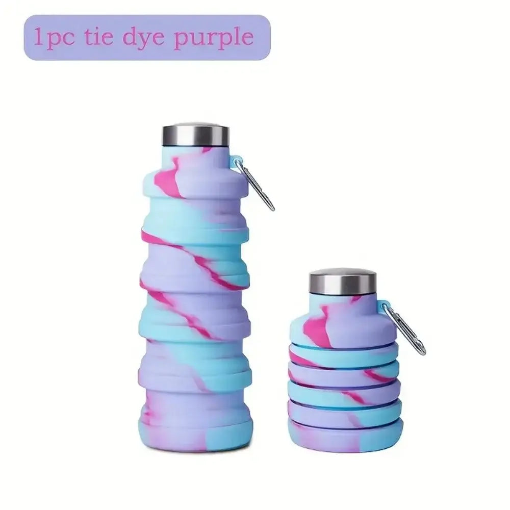 Purple tie-dye collapsible water bottle with carabiner, foldable 500ml leak-proof travel bottle for gym, camping and hiking