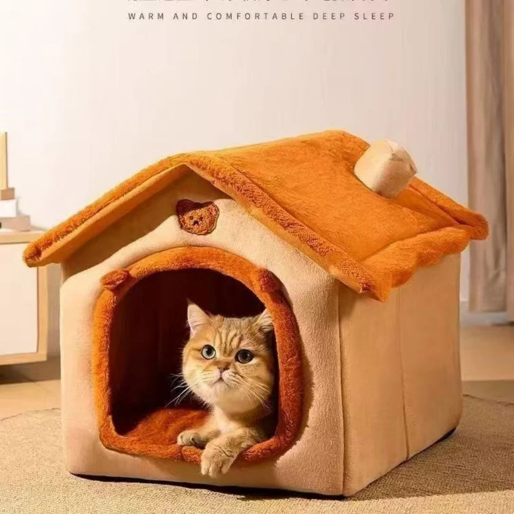 Warm dog house style bed for small pets, removable washable coral fleece house bed for winter comfort